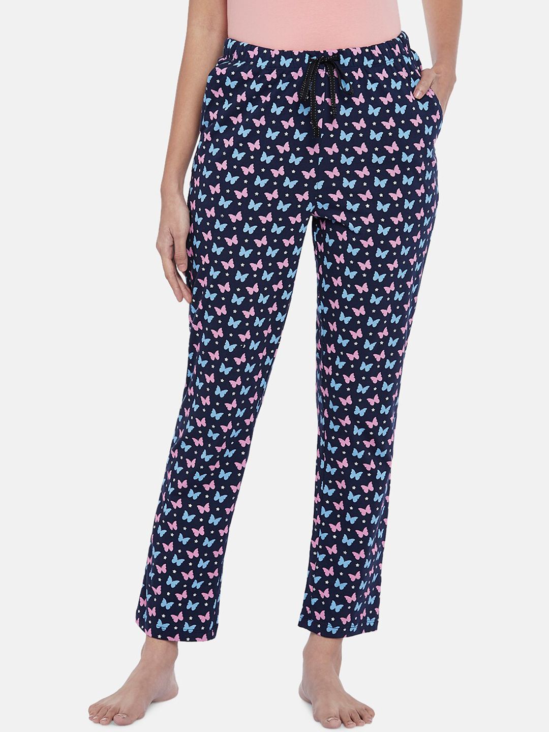 Dreamz by Pantaloons Women Navy Blue & Pink Printed Cotton Lounge Pants Price in India
