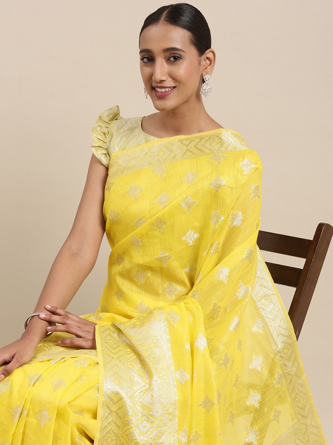 Mitera Yellow & Silver Ethnic Motifs Cotton Jacquard Banarasi Saree Price in India