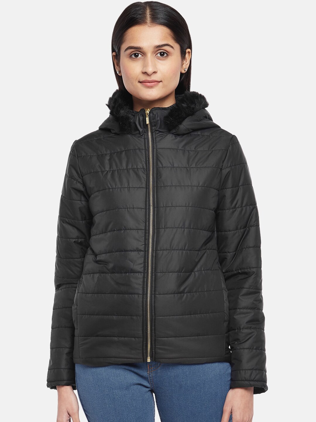 People Women Black Solid Padded Jacket Price in India