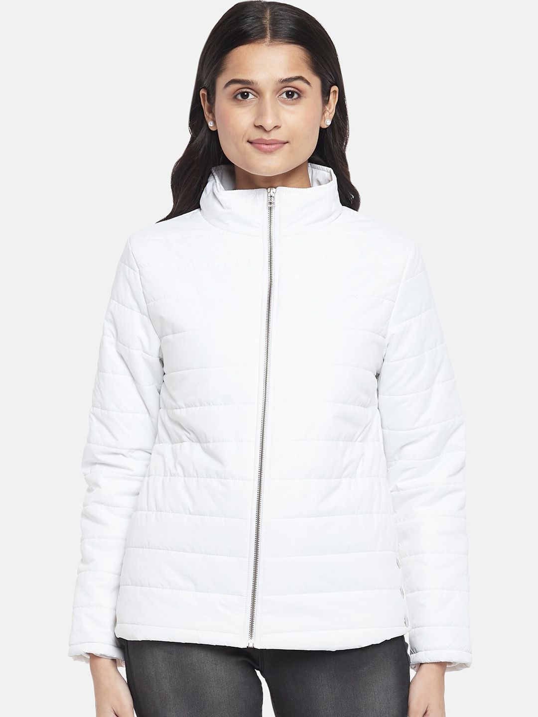 People Women White Solid Padded Jacket Price in India