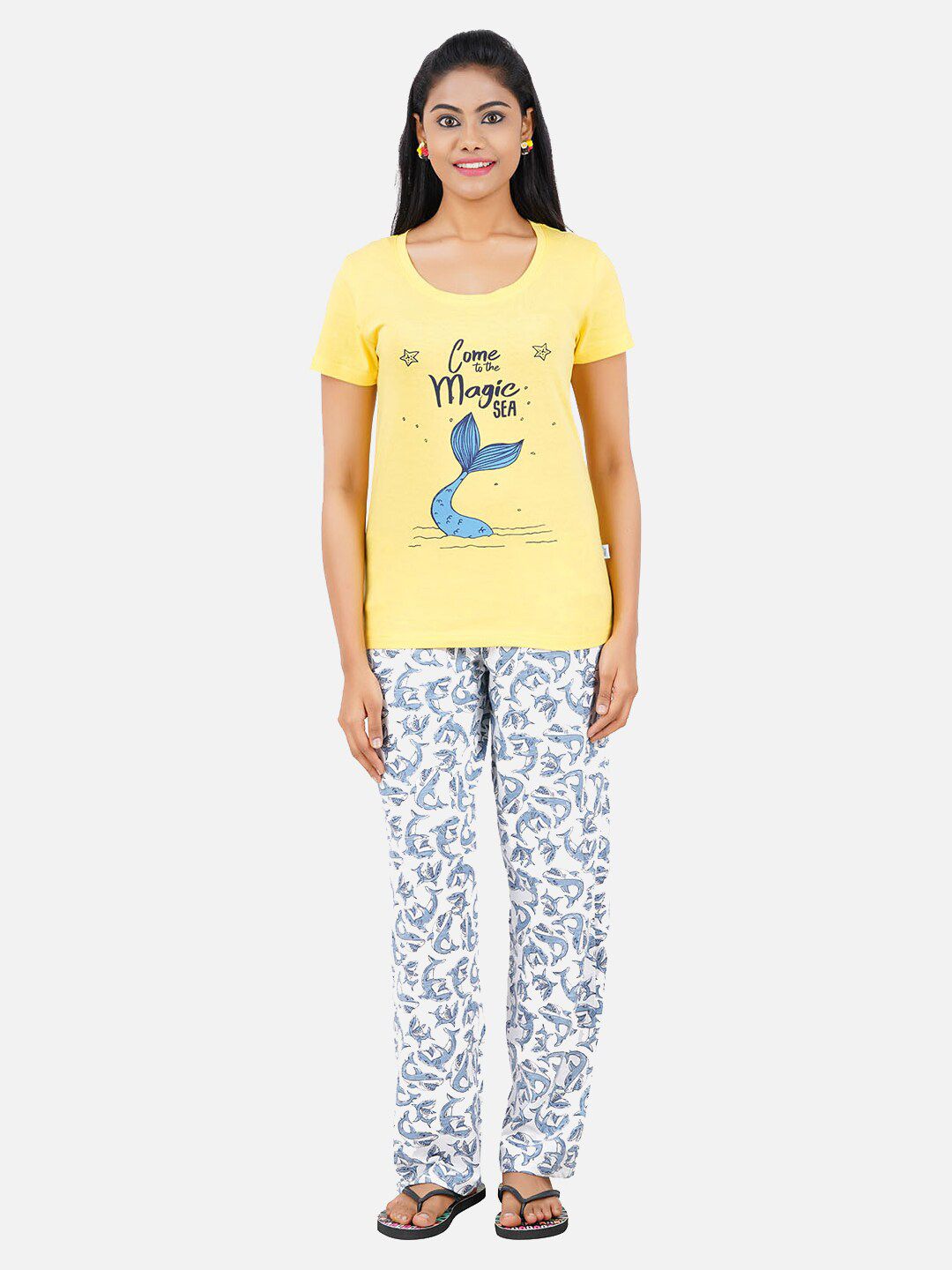 PRIDE APPAREL Women Yellow & Blue Printed Cotton Night suit Price in India