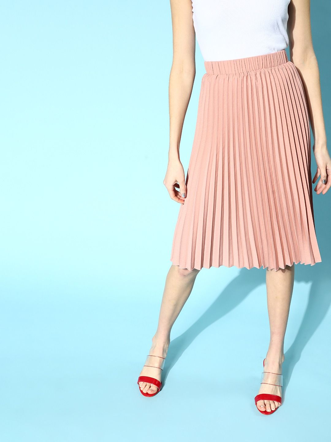 Berrylush Women Pink Solid Accordion Pleated A-Line Midi Skirt Price in India