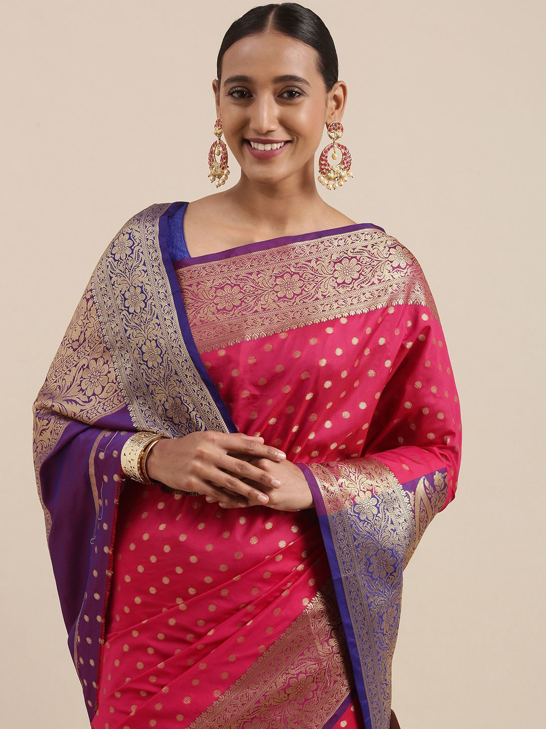 Mitera Pink & Golden Ethnic Motifs Woven Design Banarasi Saree Price in India