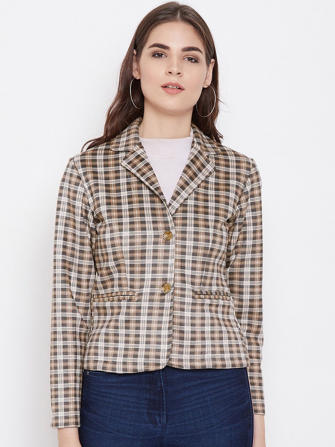 armure Women Brown & White Checked Suede Lightweight Tailored Jacket Price in India