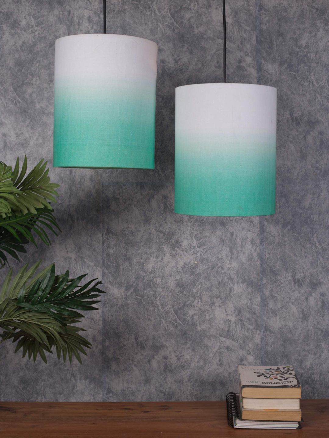 Grated Ginger Set of 2 Sea Green and White Ombre Dyed Hanging Ceiling Lamp Price in India