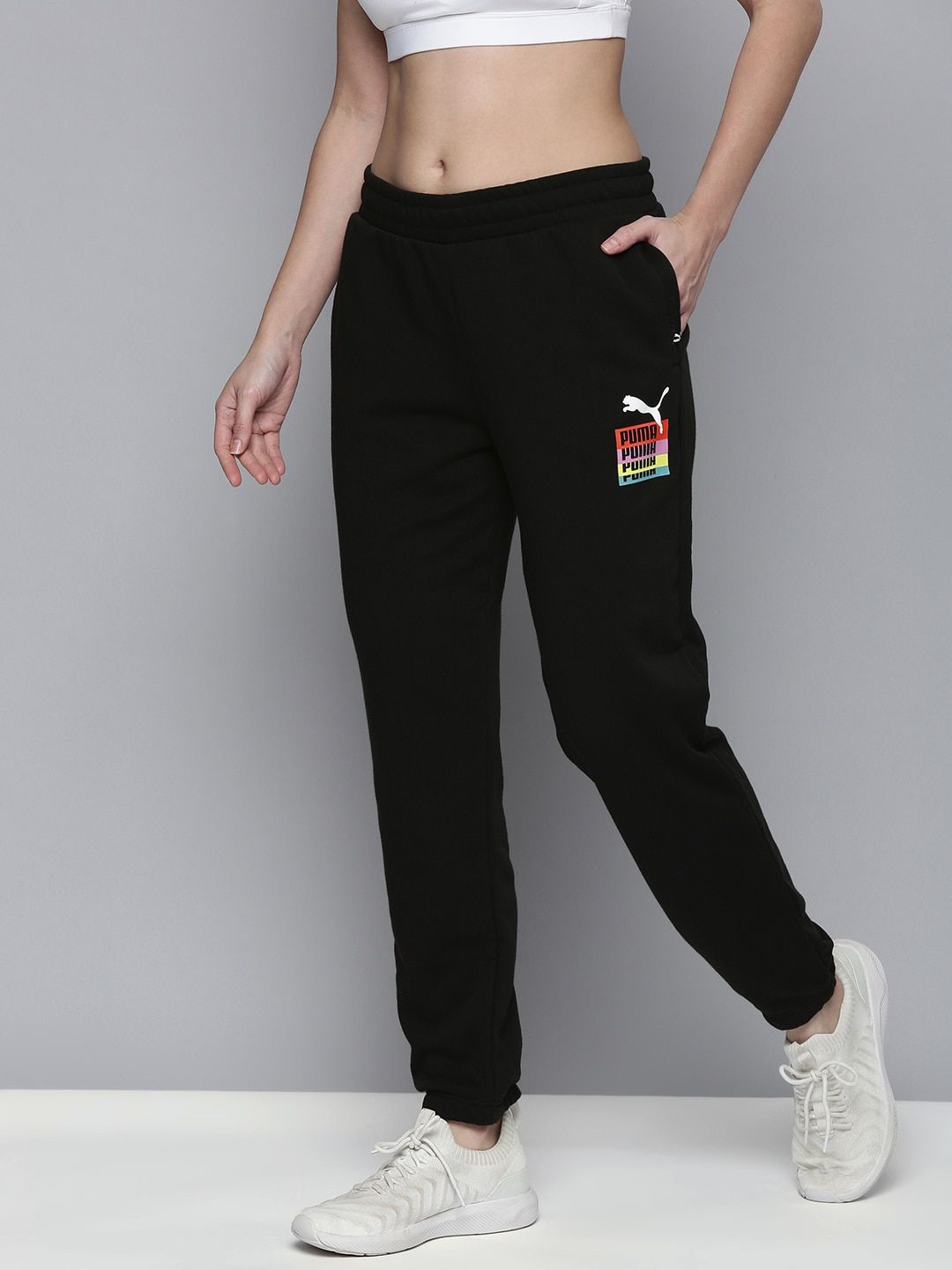 Puma Women Black Solid Knitted Mid-Rise Brand Love Jogger-Style Sweatpants Price in India