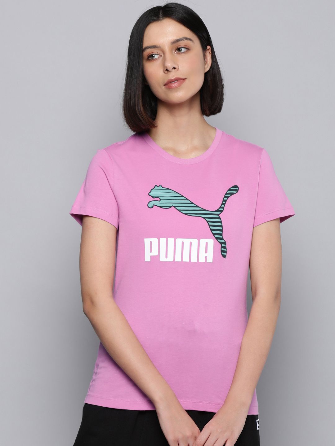 Puma Women Pink & BlueClassics Logo Interest Printed T-shirt Price in India