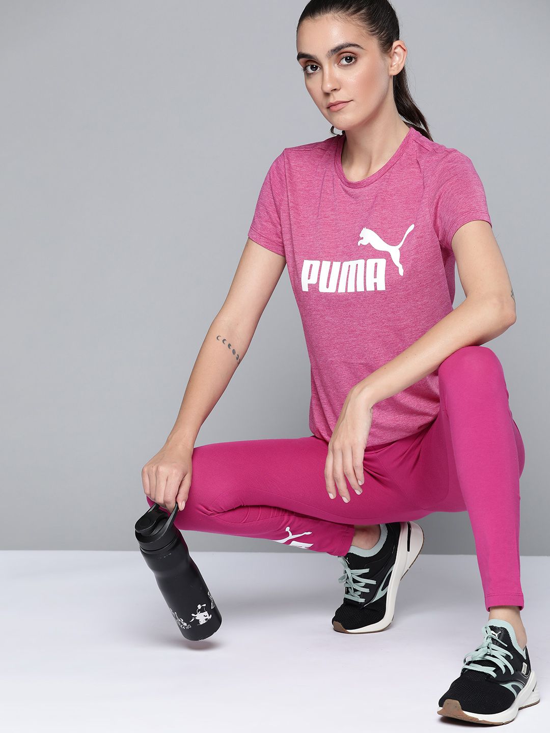 Puma Women Pink & White Essentials Logo Regular Fit Heather Sustainable T-shirt Price in India