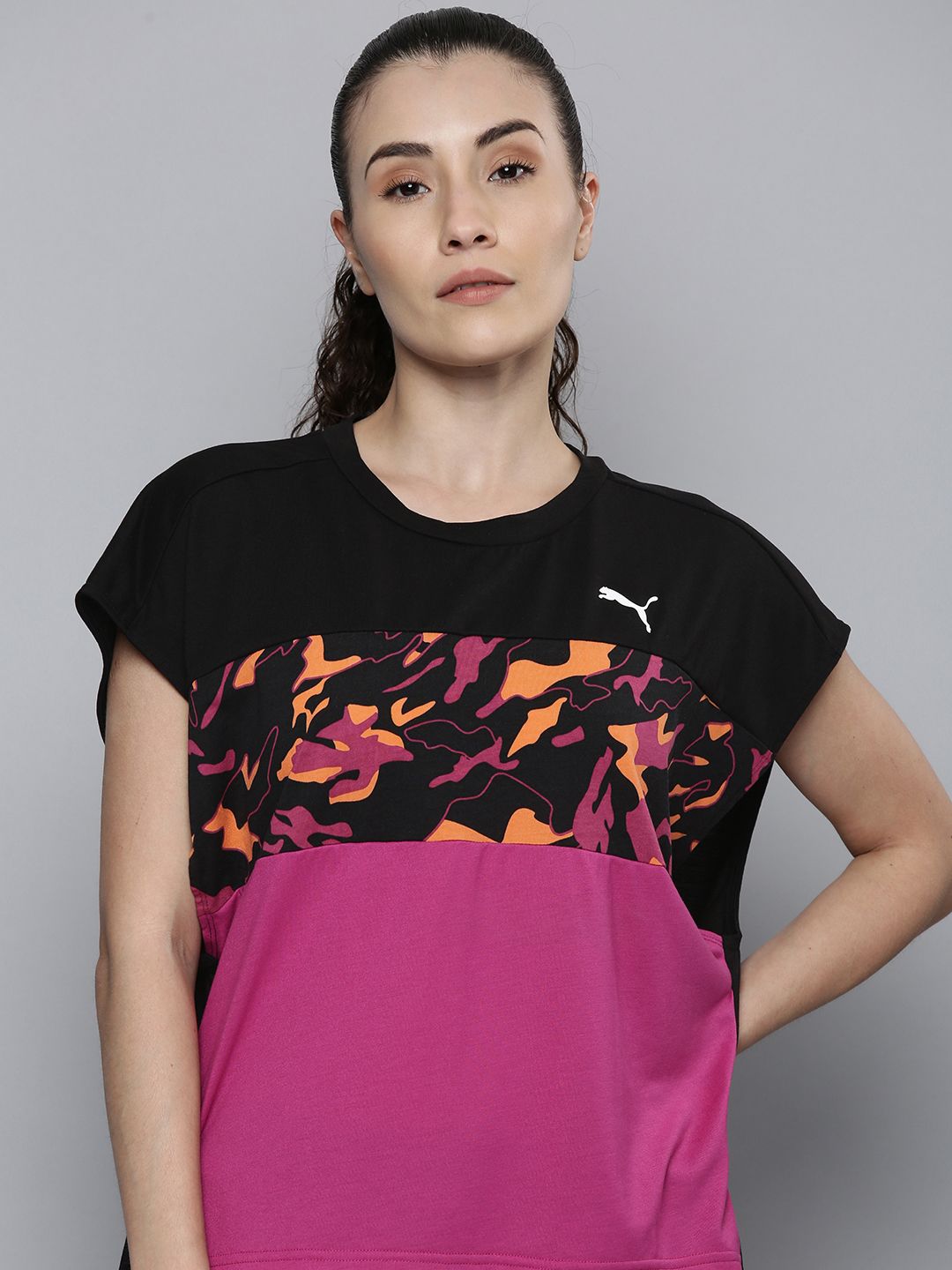 Puma Women Black & Fuchsia Pink Round Neck Relaxed Fit Modern Sports Elongated Sustainable T-shirt Price in India