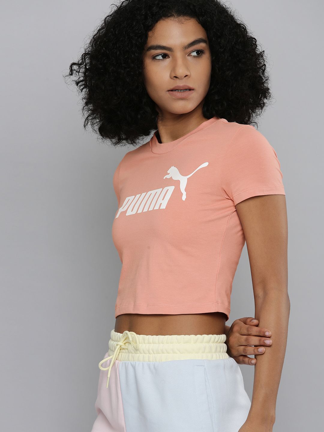Puma Women Pink & White Brand Logo Printed Slim Fit Crop T-shirt Price in India