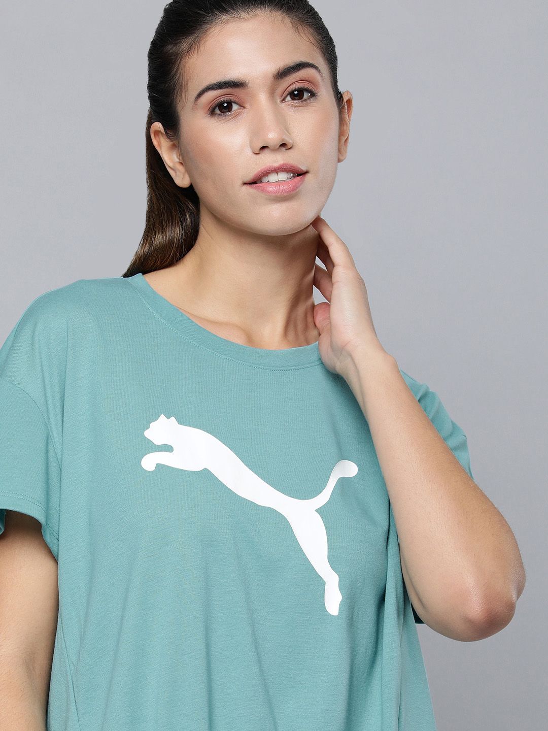Puma Women Blue & White Brand Logo Printed Drop-Shoulder Sleeves Sustainable T-shirt Price in India