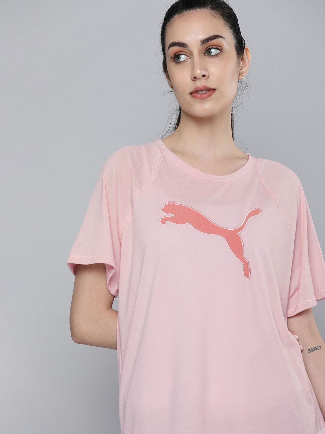 Puma Women Pink & Orange Brand Logo Printed Evostripe Summer T-shirt Price in India