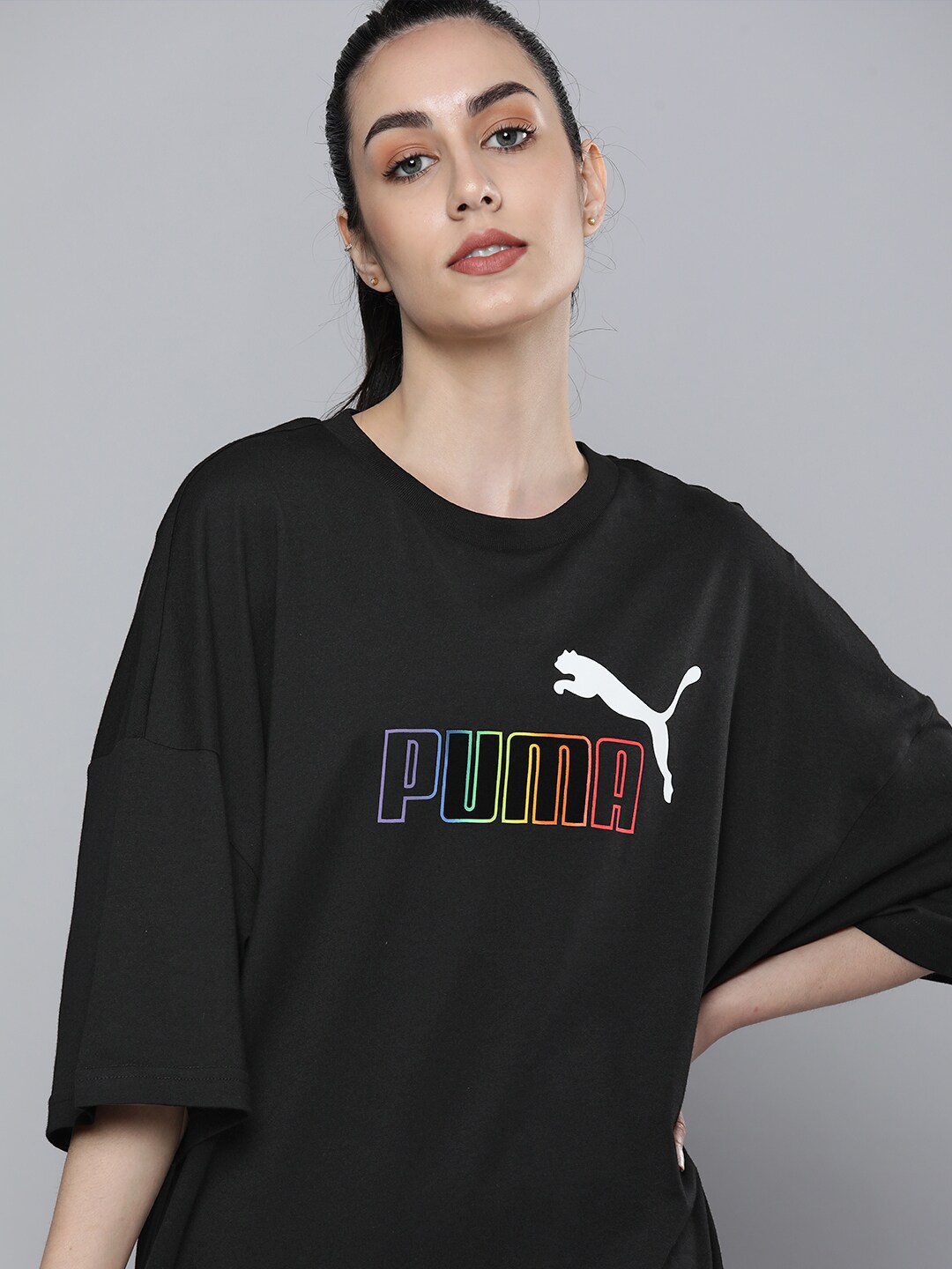 Puma Women Black & White Essentials+ Rainbow Printed Extended Sleeves Loose T-shirt Price in India