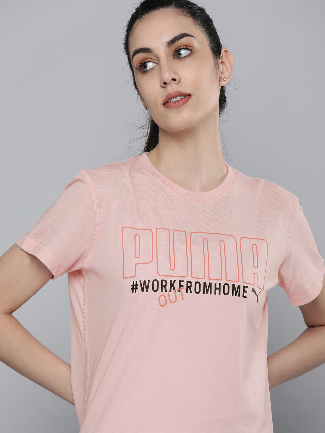 Puma Women Pink & Black Graphic Slogan Printed Training T-shirt Price in India