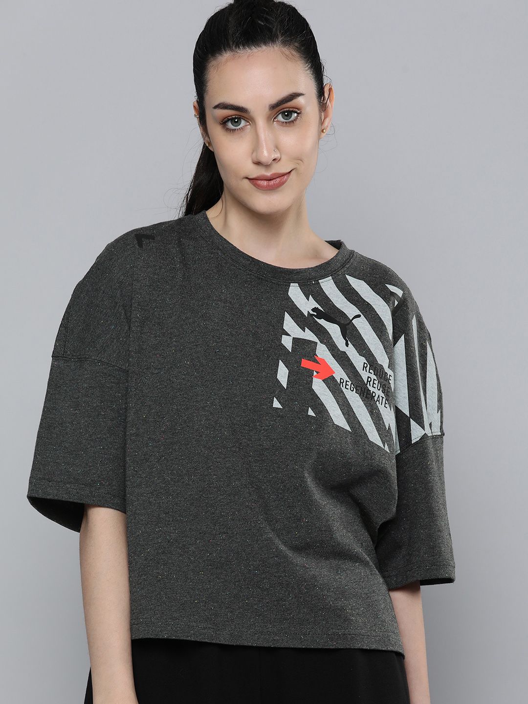 Puma Women Grey & Black Printed RE:Collection Oversized Extended Sleeves T-shirt Price in India