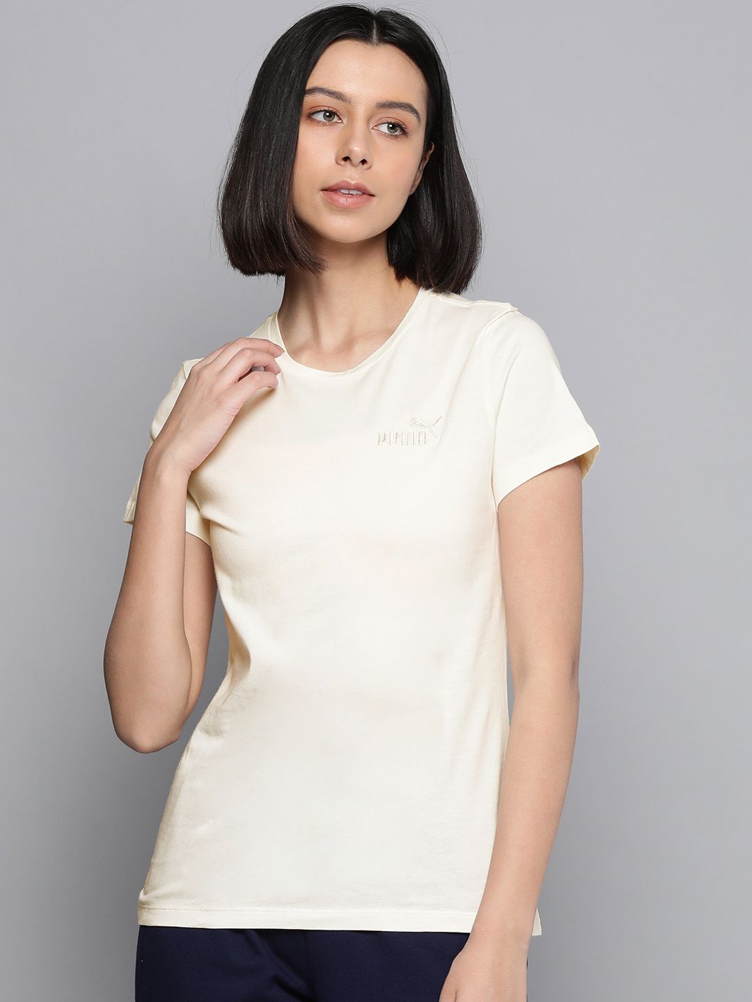 Puma Women Off White Embroidered Pure Cotton T-shirt Price in India