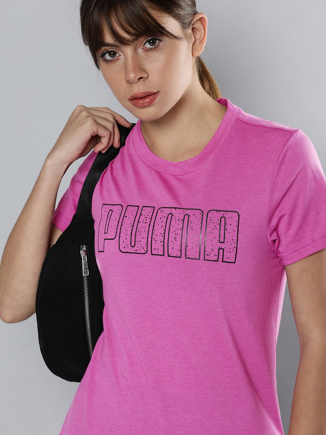 Puma Women Pink & Black Brand Logo Printed DryCell  T-shirt Price in India