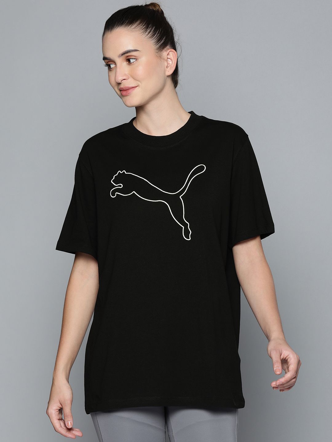 Puma Women Black & White Her Brand Logo Printed Relaxed T-shirt Price in India