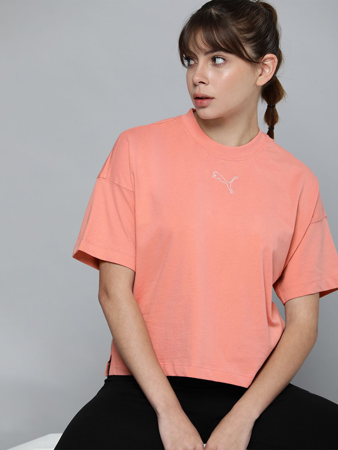Puma Women Peach-Coloured Embroidered Pure Cotton Crop T-shirt Price in India