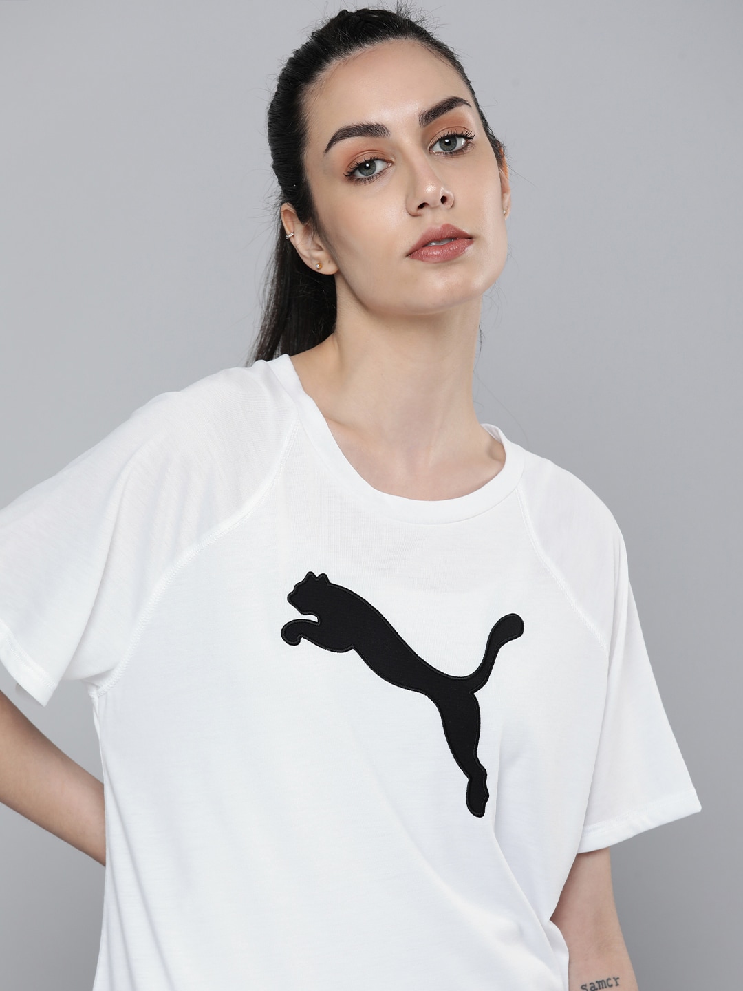 Puma Women White & Black Brand Logo Printed Evostripe Summer T-shirt Price in India