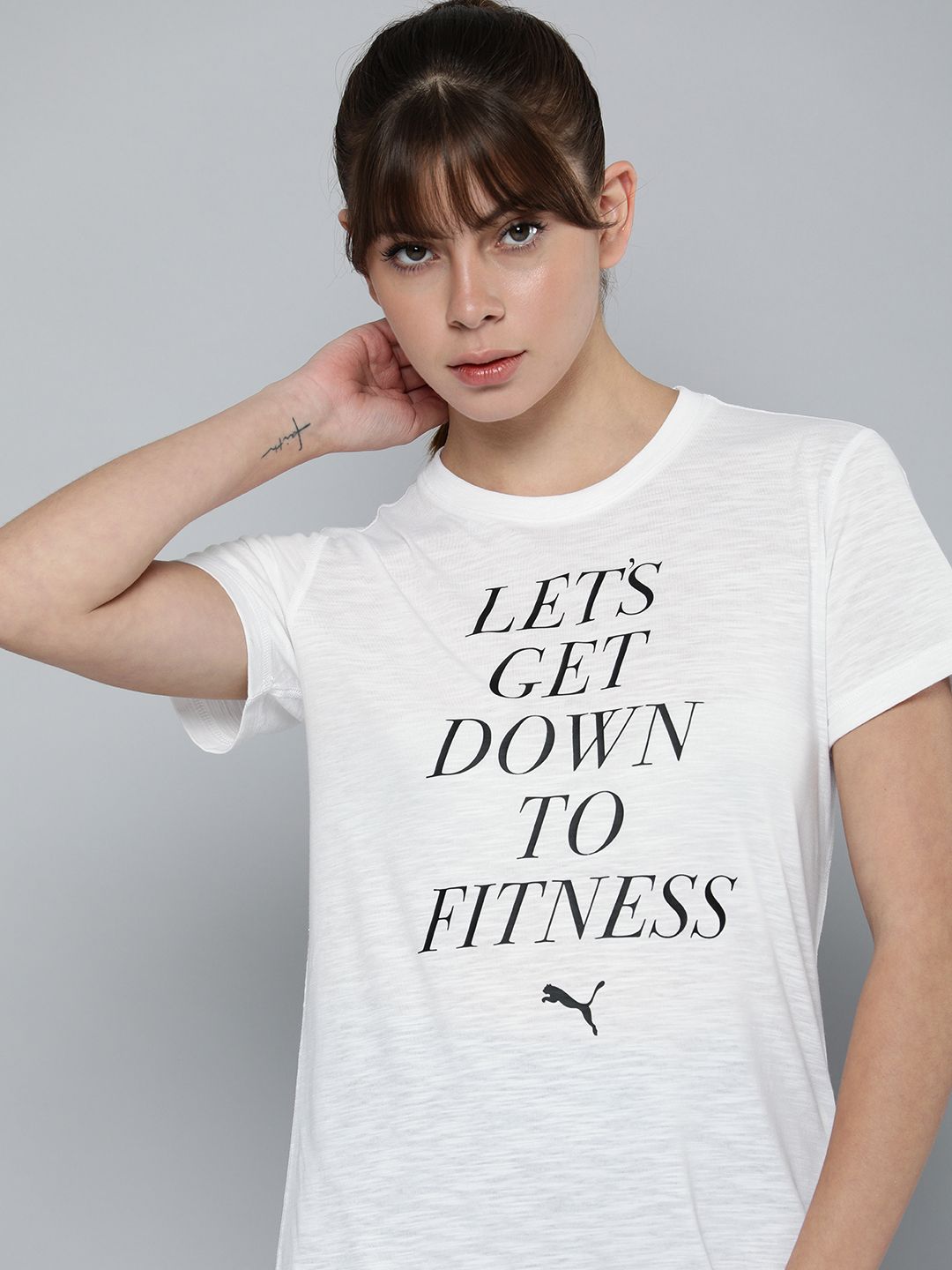 Puma Women White & Black Typography Printed dryCELL Round-Neck Training T-shirt Price in India