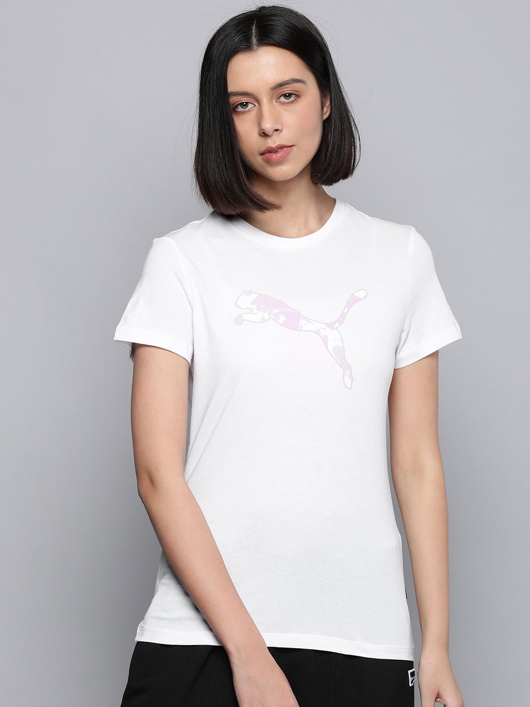 Puma Women White & Purple Summer Graphic Printed T-shirt Price in India