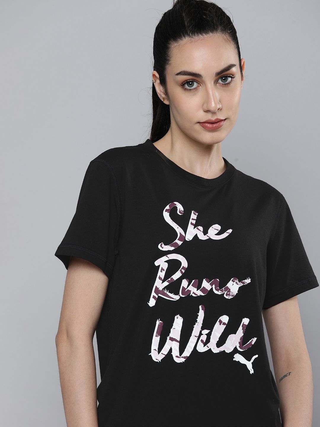 Puma Women Black & White Graphic Illustrated Extended Sleeves Training T-shirt Price in India