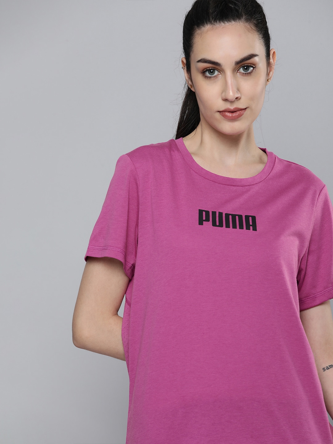 Puma Women Purple & Black Logo Printed Training T-shirt Price in India