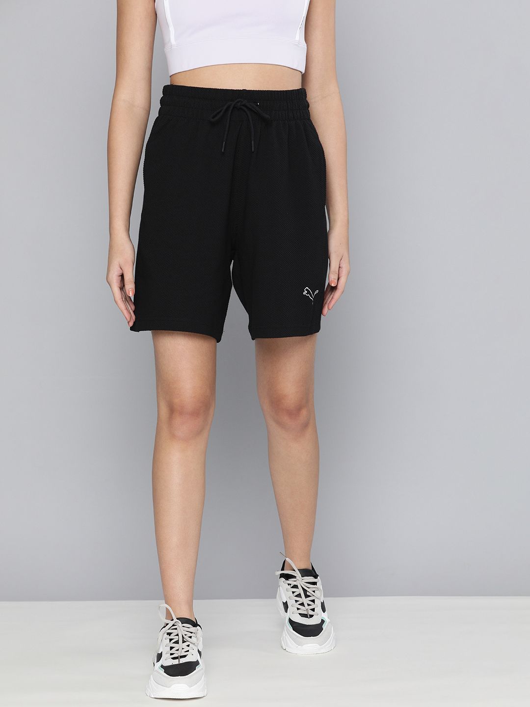 Puma Women Black Self-Design Loose Fit Sports Shorts Price in India