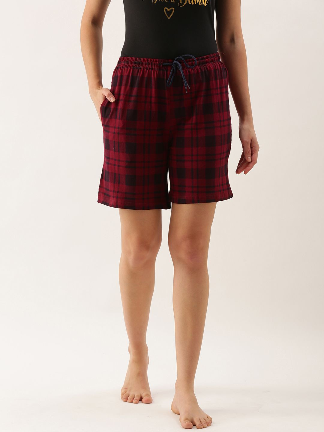 Kryptic Women Maroon & Navy Blue Pure Cotton Checked Lounge Shorts Price in India