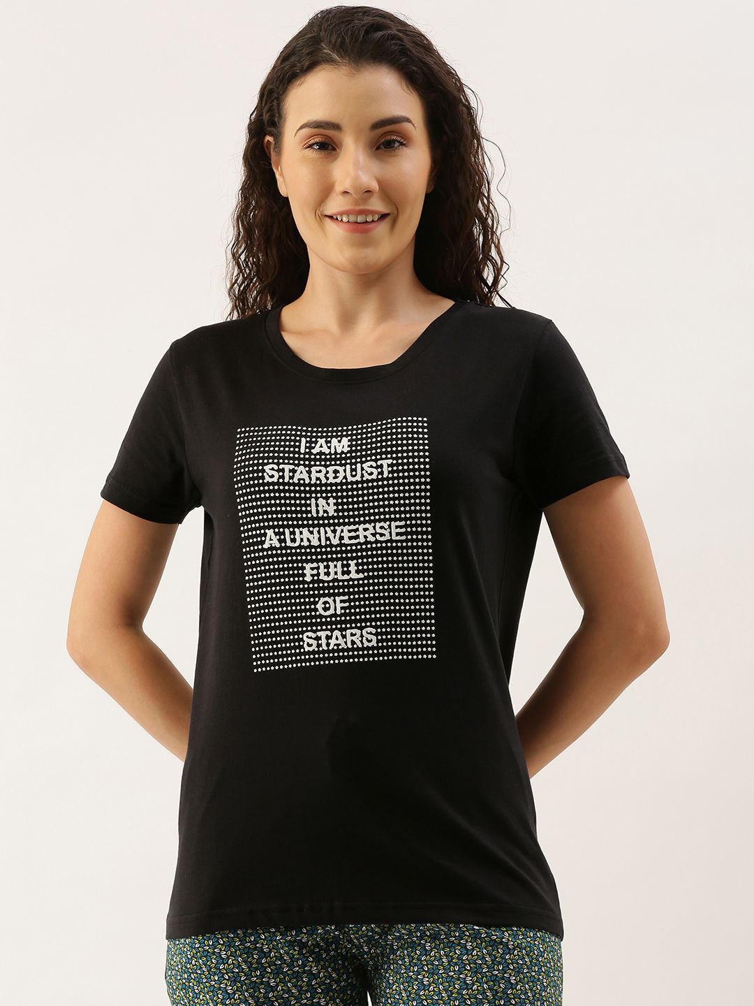 Kryptic Women Black & White Pure Cotton Typography Printed Lounge T-shirt Price in India