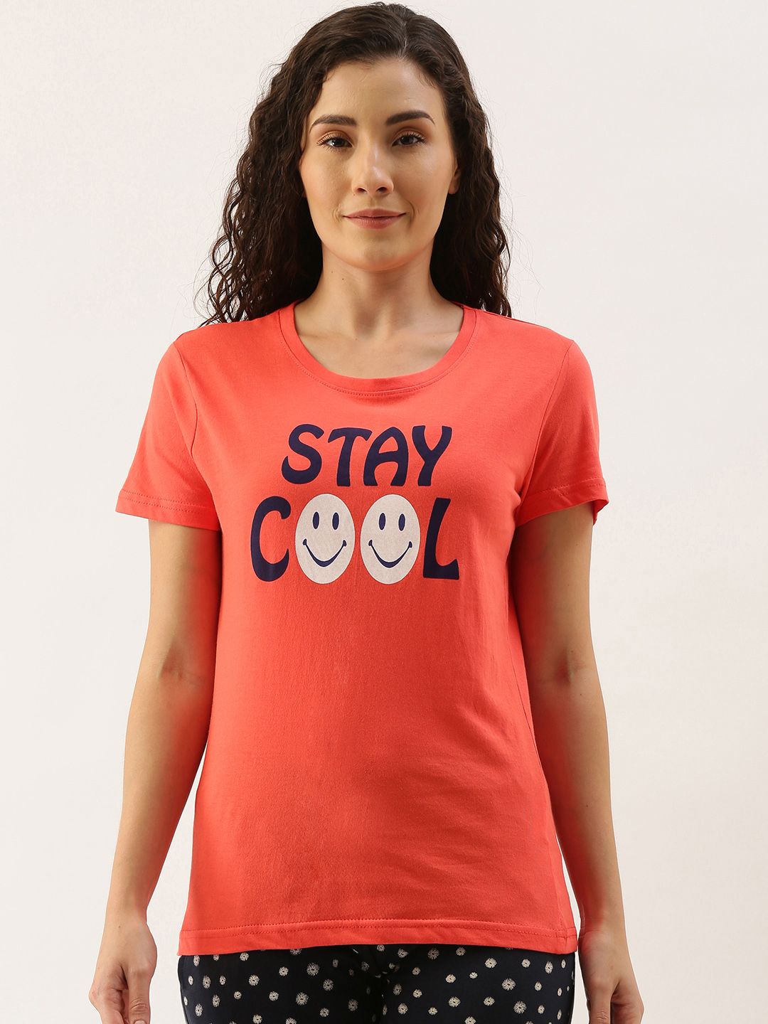 Kryptic Women Coral & Blue Pure Cotton Graphic Printed Lounge T-shirt Price in India