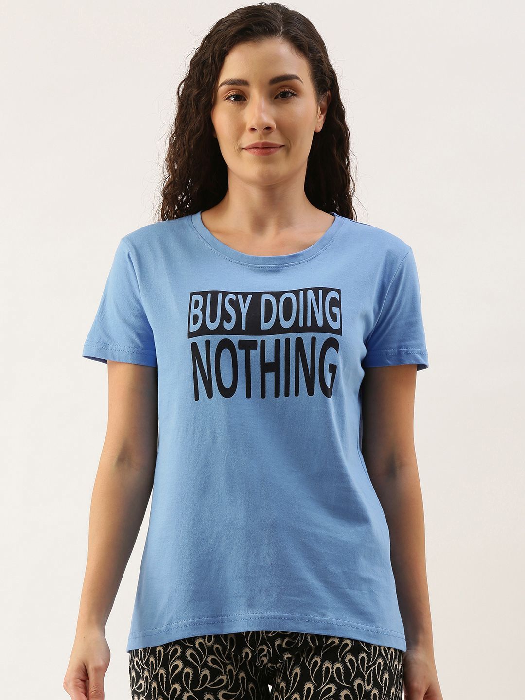 Kryptic Women Blue & Black Pure Cotton Typography Printed Lounge T-shirt Price in India