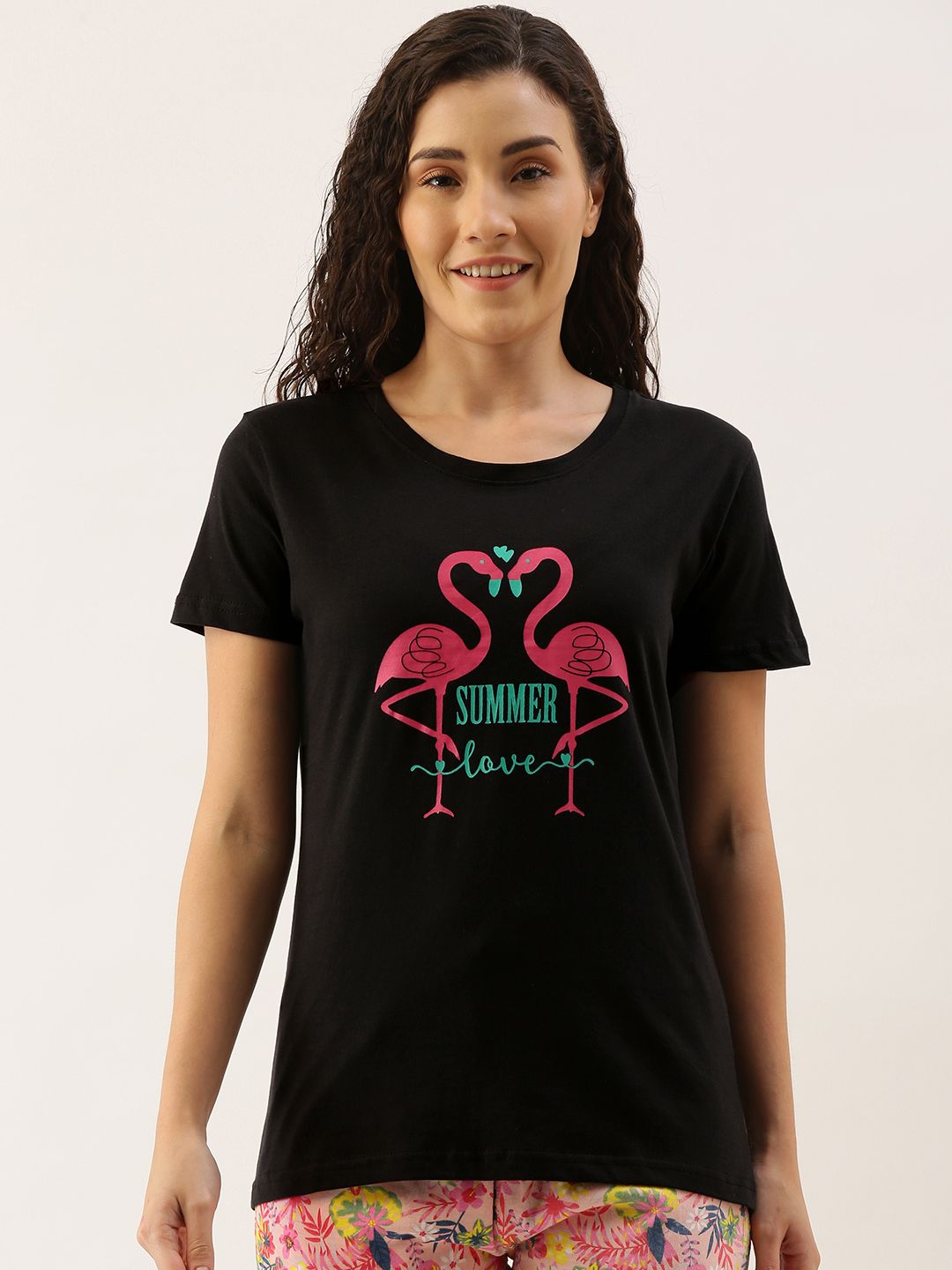 Kryptic Women Black & Pink Pure Cotton Graphic Printed Lounge T-shirt Price in India