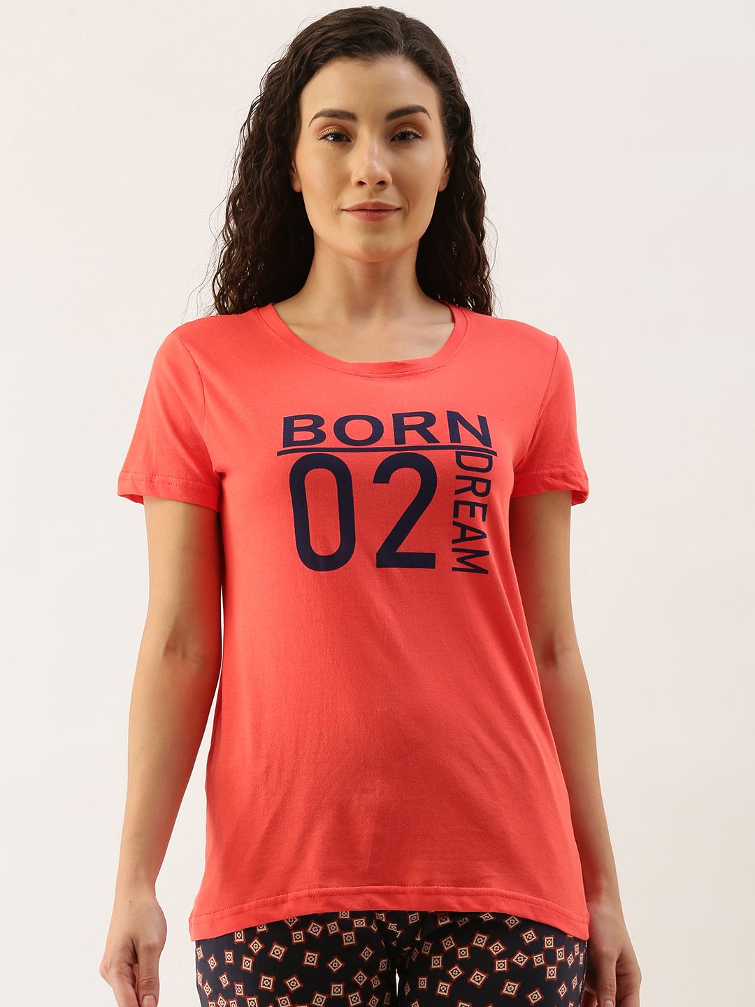 Kryptic Women Coral & Blue Pure Cotton Typography Printed Lounge T-shirt Price in India