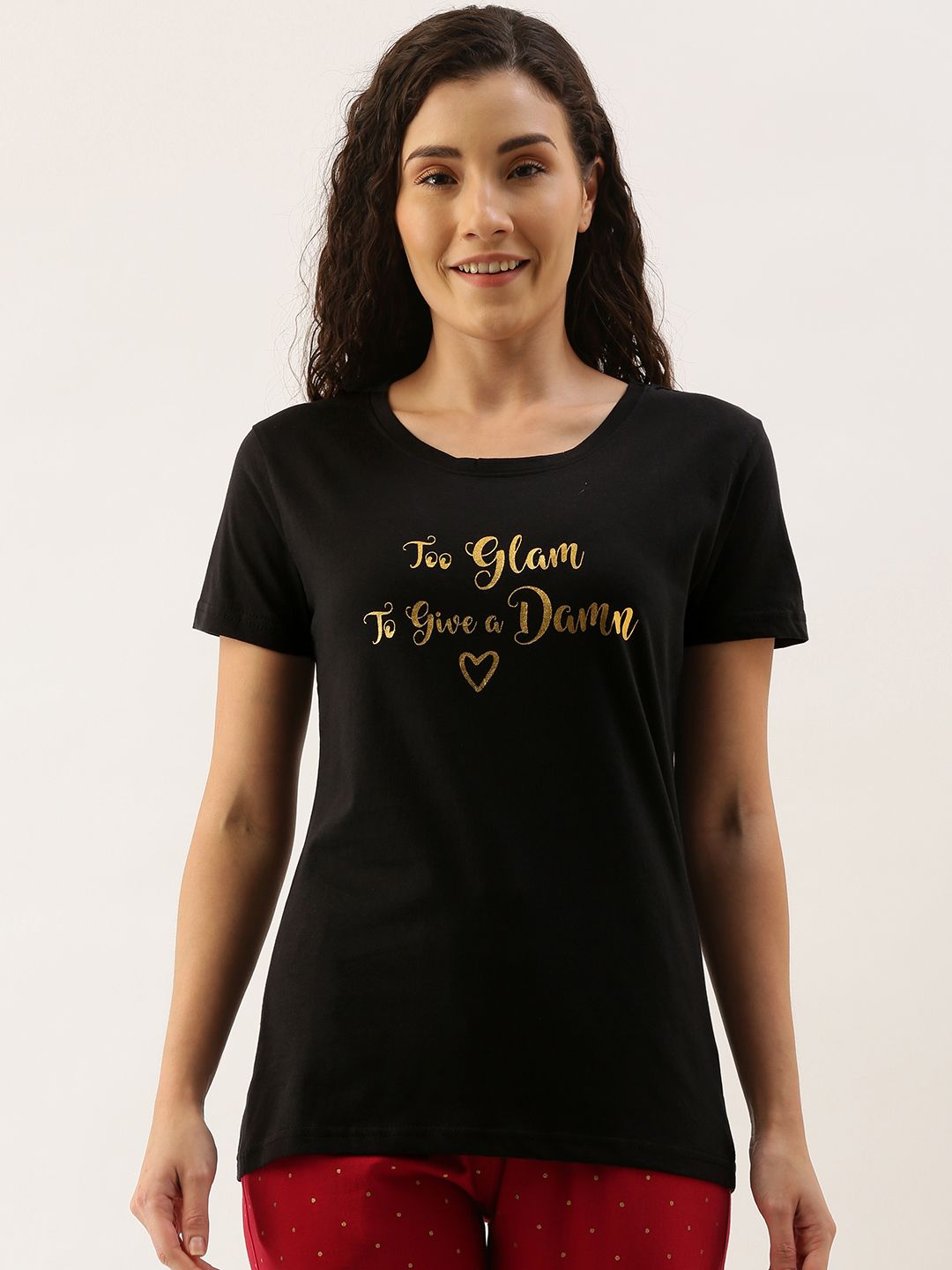 Kryptic Women Black & Golden Pure Cotton Typography Printed Lounge T-shirt Price in India