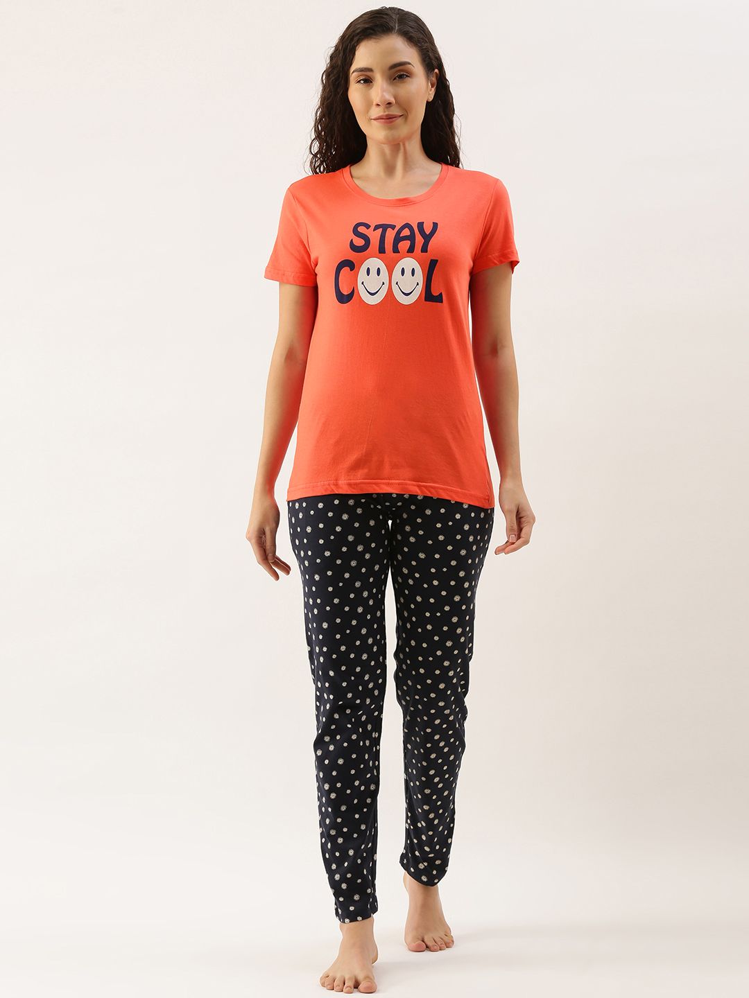 Kryptic Women Coral & Navy Blue Pure Cotton Graphic Printed Pyjama Set Price in India