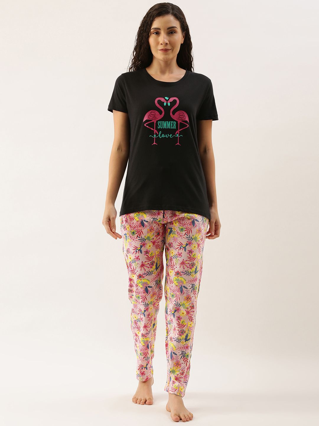 Kryptic Women Black & Pink Pure Cotton Graphic Printed Pyjama Set Price in India