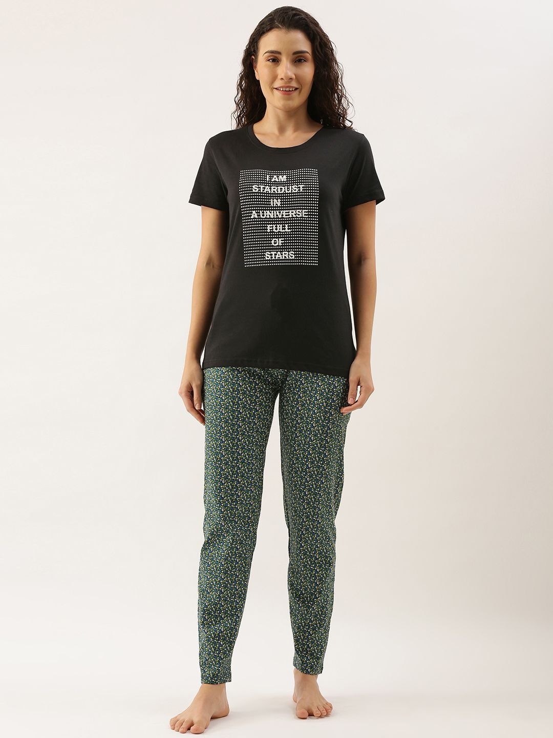 Kryptic Women Black & Green Pure Cotton Typography Printed Pyjama Set Price in India