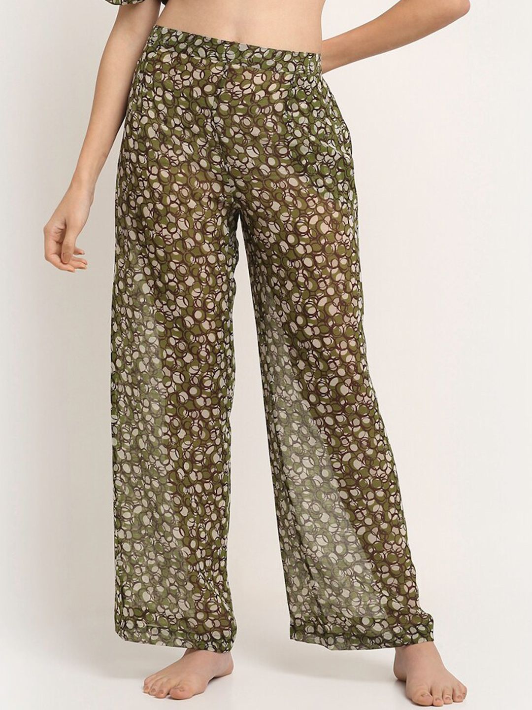 EROTISSCH Women Green & Beige Printed Semi-Sheer Beachwear Pants Price in India