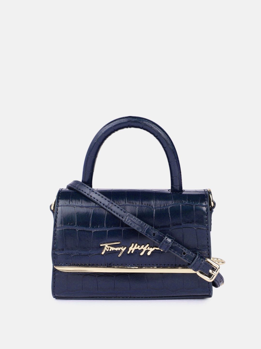 Tommy Hilfiger Navy Blue Animal Textured PU Small Structured Handheld Bag Price in India