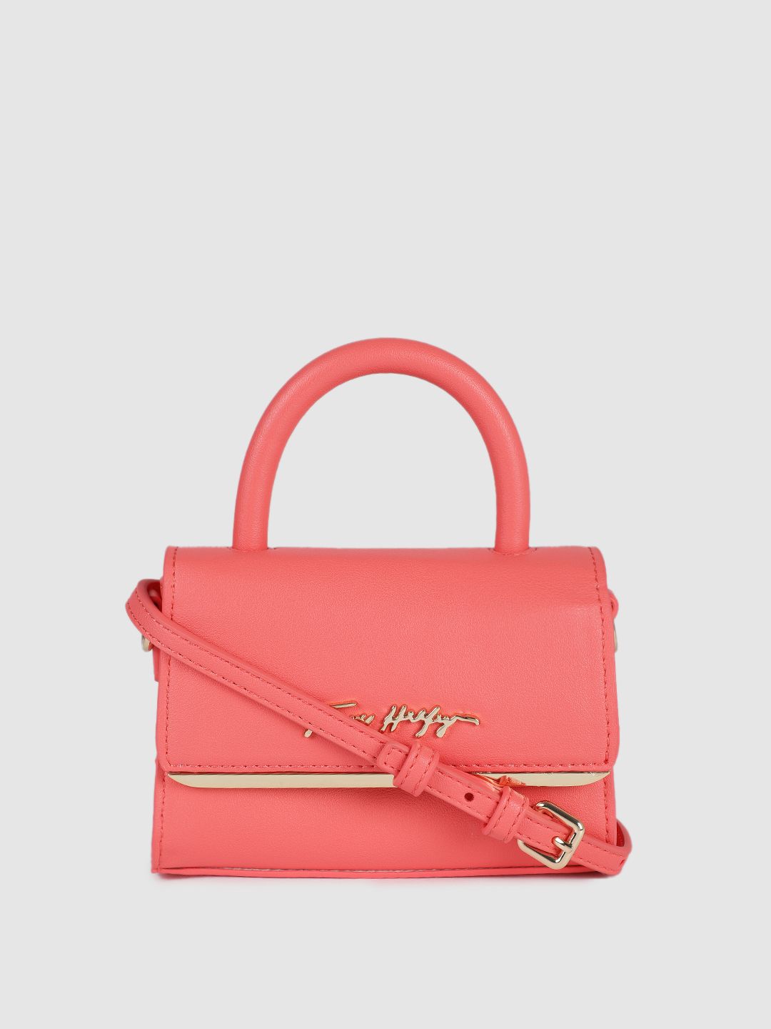 Tommy Hilfiger Coral Red Solid Structured Handheld Bag Price in India