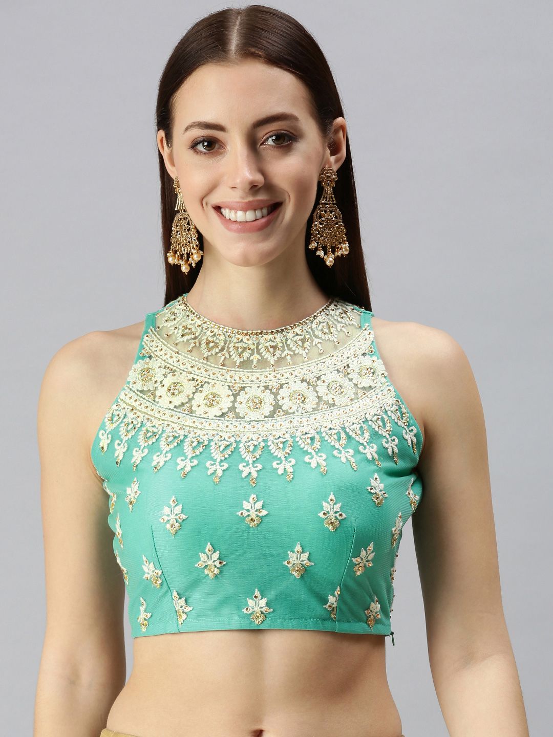 flaher Women Sea Green & Off-White Embroidered Padded Saree Blouse Price in India