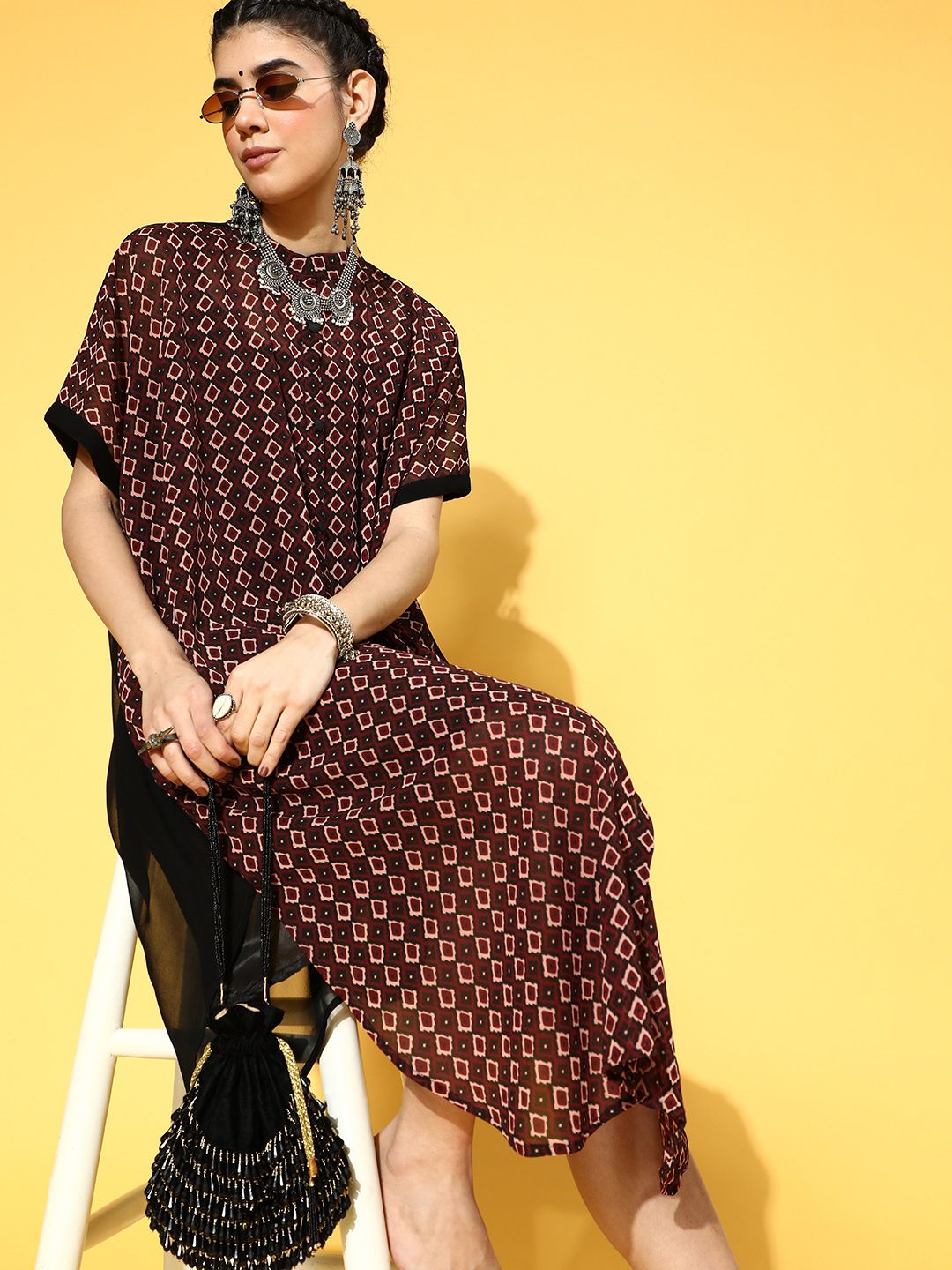 Inddus Women Black & Maroon Geometric Print Ethnic Kaftan Midi Dress Price in India