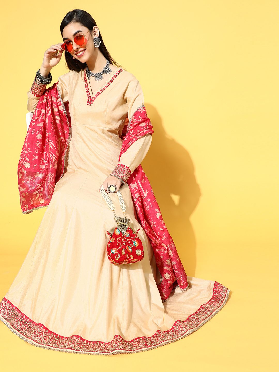 Inddus Women Beige & Pink Solid Anarkali Kurta With Dupatta Price in India