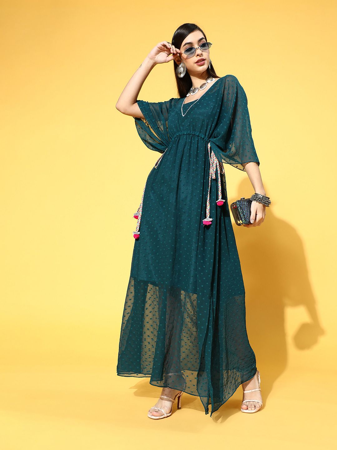 Inddus Women Teal Green Ethnic Kaftan Maxi Dress Price in India