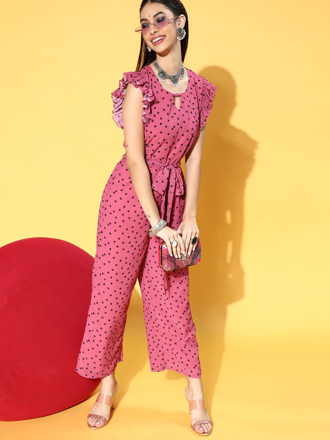 ZIYAA Women Pretty Pink Printed Polka-Dotted Jumpsuit