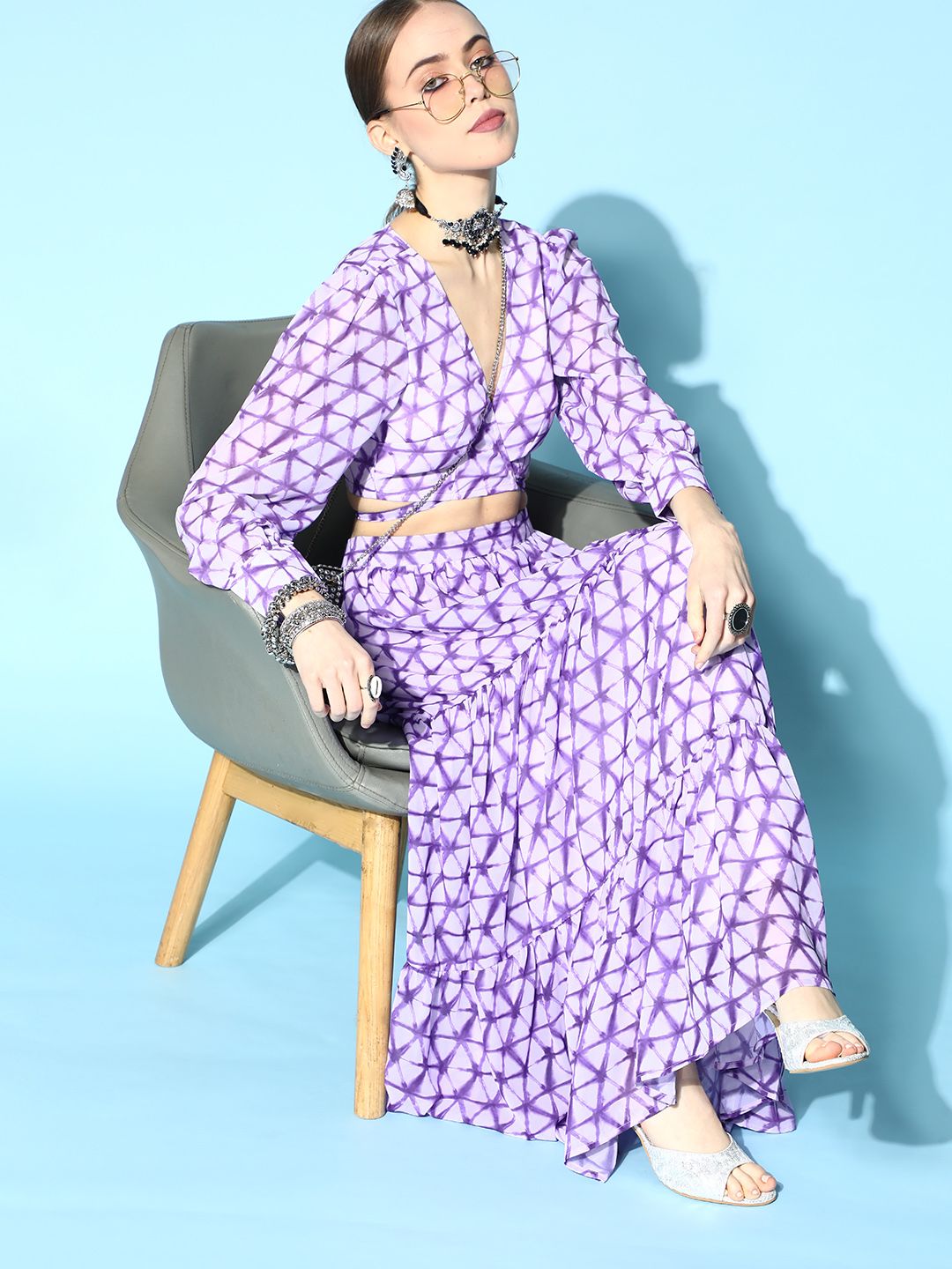 ZIYAA Women Elegant Lavender Self-Design Top with Skirt Price in India