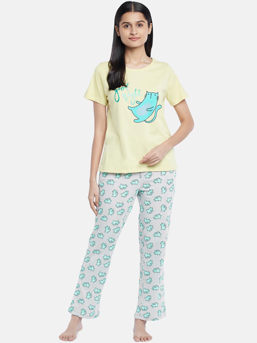 Dreamz by Pantaloons Women Yellow & Blue Graphic Printed Night suit Price in India