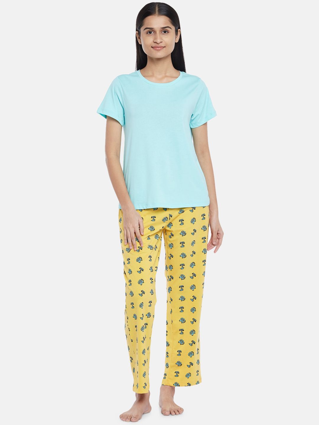 Dreamz by Pantaloons Women Yellow & Blue Printed Cotton Night suit Price in India